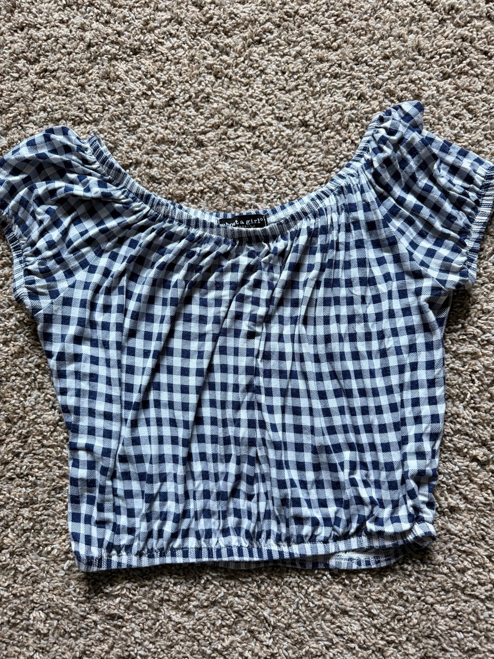 About A Girl Navy and White Gingham Off-Shoulder Crop Top